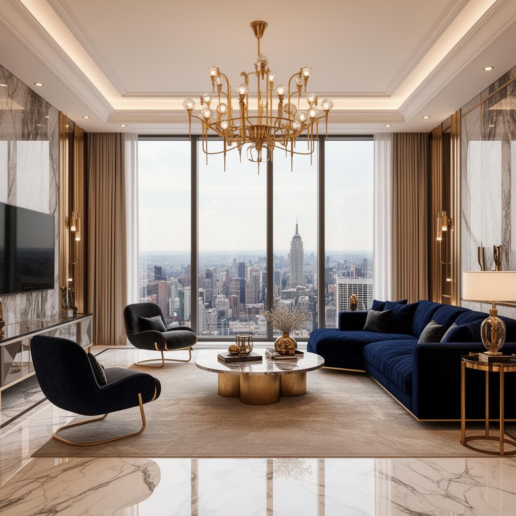 Interior of Elara Residences signature apartment with marble floors and skyline view