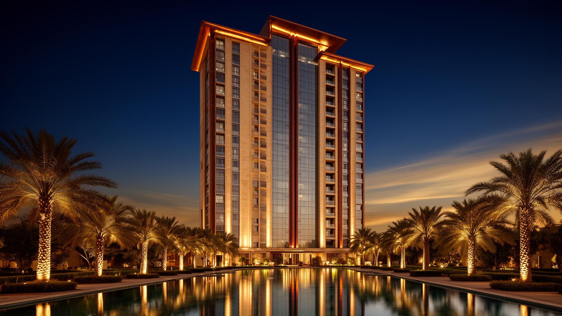 Elara Residences luxury tower in Karachi DHA Phase 8 at twilight